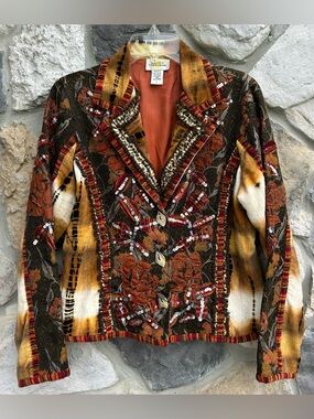 Vintage Sandy Starkman Blazer Jacket Size L Sequin Mixed Media Boho Tapestry Art